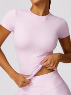 Seamless Yoga Set Women Pink Short Sleeve Top with High Waist Leggings Two Piece Workout Clothes Sports Fitness Gym Sets