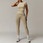 Seamless Yoga Set Women Pink Short Sleeve Top with High Waist Leggings Two Piece Workout Clothes Sports Fitness Gym Sets